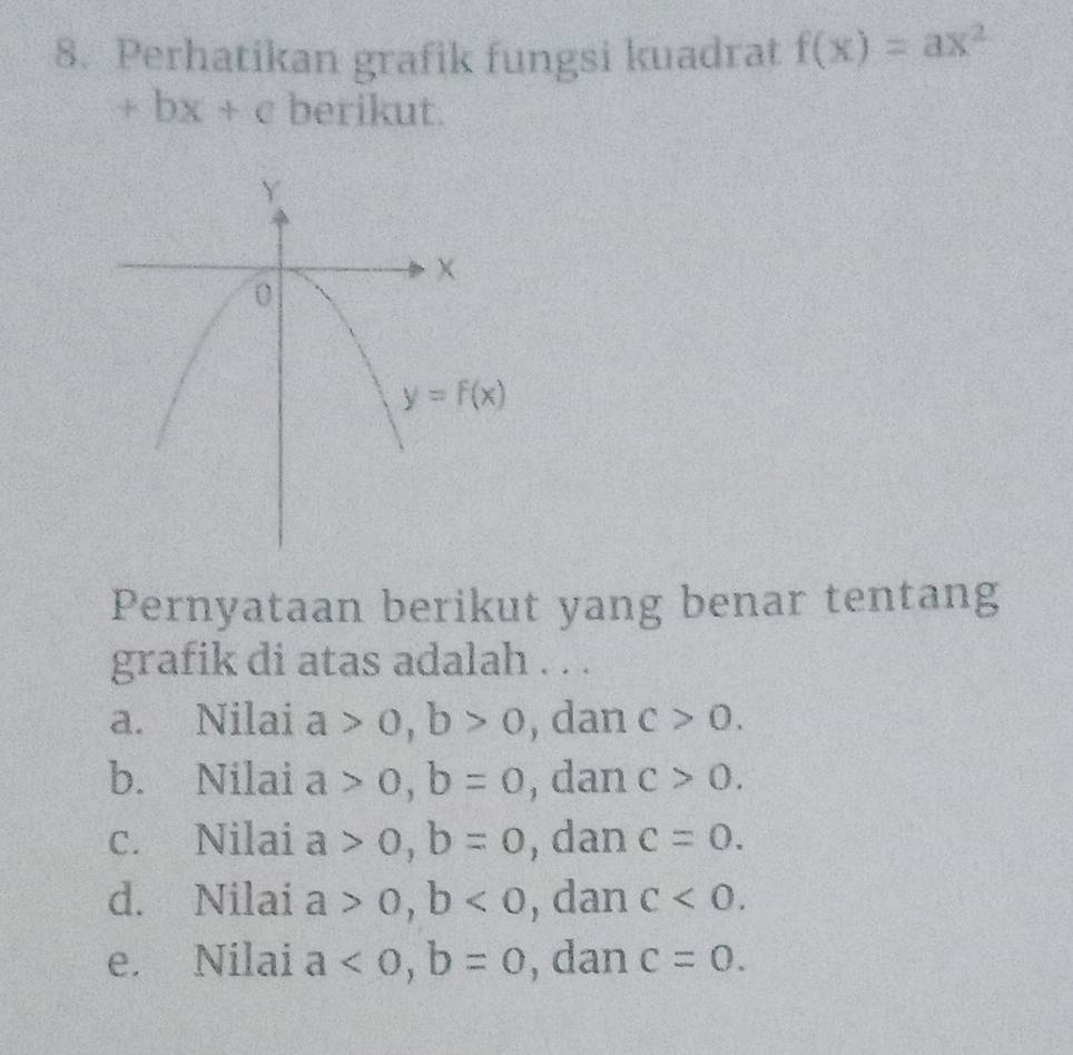 Perhatikan grafik fungsi kuadrat f(x)=ax^2
+bx+c berikut.
Pernyataan berikut yang benar tentang
grafik di atas adalah . . .
a. Nilai a>0,b>0 , dan c>0.
b. Nilai a>0,b=0 , dan c>0.
c. Nilai a>0,b=0 , dan c=0.
d. Nilai a>0,b<0</tex> , dan c<0.
e. Nilai a<0,b=0 , dan c=0.