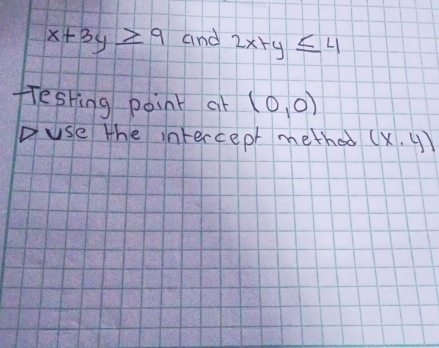 x+3y≥ 9 and 2x+y≤ 4
feshing point ab (0,0)
puse the intercept method (x,y)