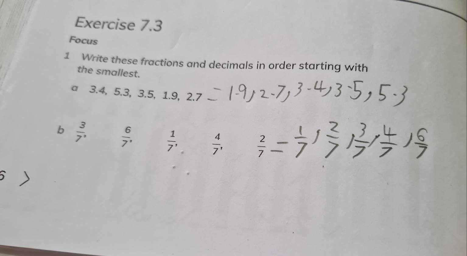 Focus 
1 Write these fractions and decimals in order starting with 
the smallest. 
a 3.4, 5.3, 3.5, 1.9, 2.7
b  3/7 ,  6/7 ,  1/7 ,  4/7 ,
 2/7 