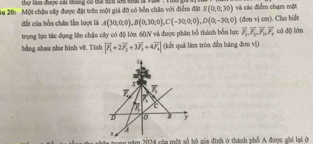 thợ lâm được cải thùng có thể tích lớn nhất là Văm : T ih gi
âu 20: Một chậu cây được đặt trên một giá đỡ có bốn chân với điểm đặt S(0;0;30) và các điểm chạm mặt
đất của bốn chân lần lượt là A(30;0;0),B(0;30;0),C(-30;0;0),D(0;-30;0) (đơn vị cm). Cho biết
trọng lực tác dụng lên chậu cây có độ lớn 60N và được phân bố thành bốn lực vector F_1,vector F_2,vector F_3,vector F_4 có độ lớn
bằng nhau như hình vẽ. Tính |overline F_1+2overline F_2+3overline F_3+4overline F_4| (kết quả làm tròn đến hàng đơn vị)