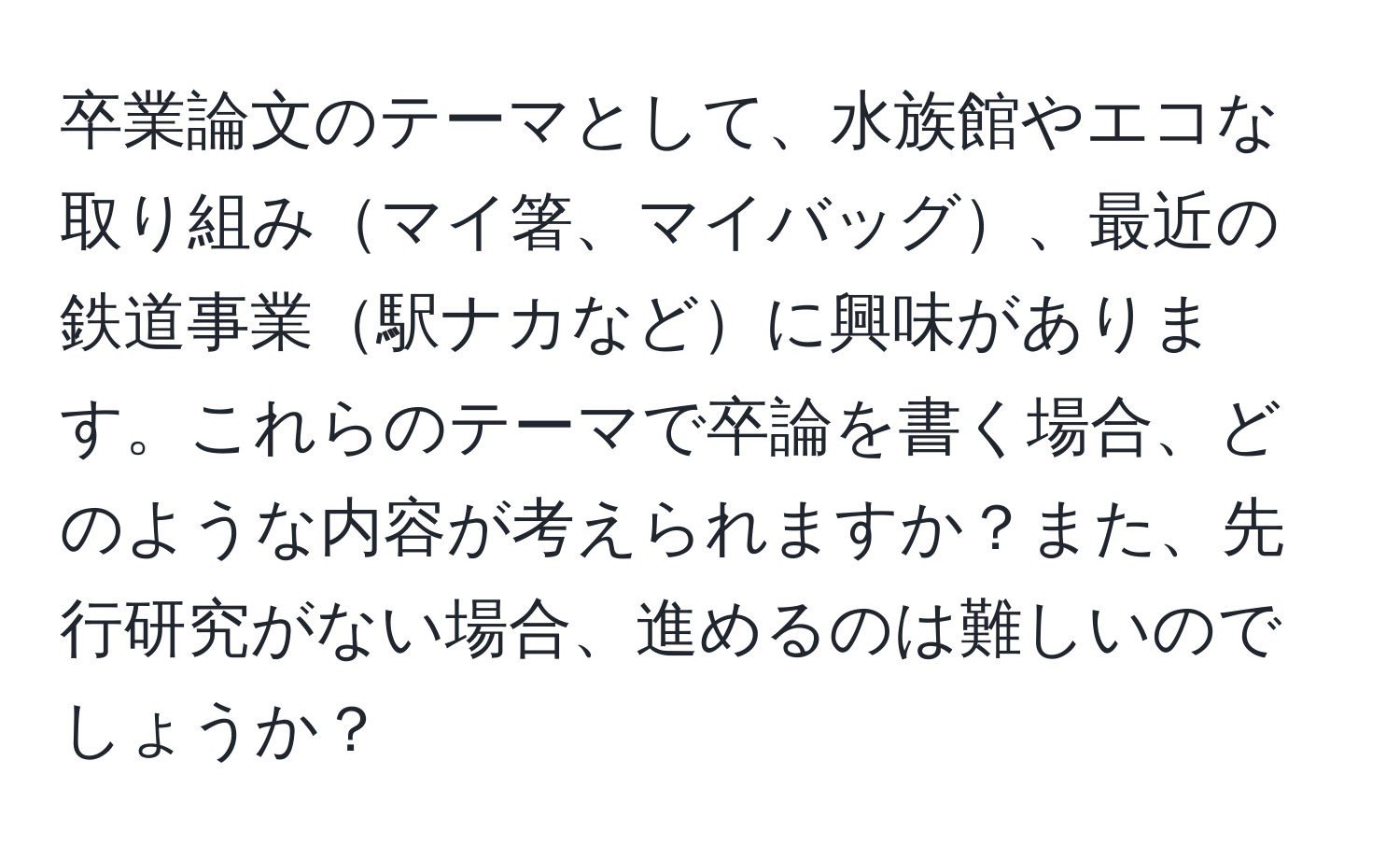 卒業論文のテーマとして、水族館やエコな取り組みマイ箸、マイバッグ、最近の鉄道事業駅ナカなどに興味があります。これらのテーマで卒論を書く場合、どのような内容が考えられますか？また、先行研究がない場合、進めるのは難しいのでしょうか？