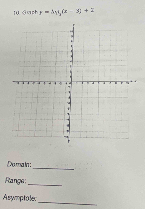 Graph y=log _3(x-3)+2
_ 
Domain: 
Range:_ 
_ 
Asymptote: