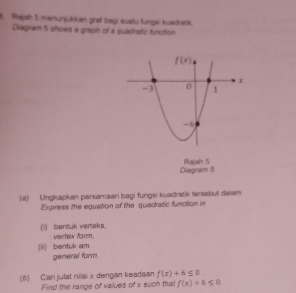 Rajah 5 menunjukkan graf bagi suatu fungsi kuadratik.
Diagram 5 shows a graph of a quadratic function
Rajah 5
Diagram 5
(a) Ungkapkan persamaan bagi fungsi kuadratik tersebut dalam
Express the equation of the quadratic function in
(i) bentuk verteks,
vertex form,
(ii) bentuk am.
general form.
(b) Cari julat nilai x dengan keadaan f(x)+6≤ 0.
Find the range of values of x such that f(x)+6≤ 0