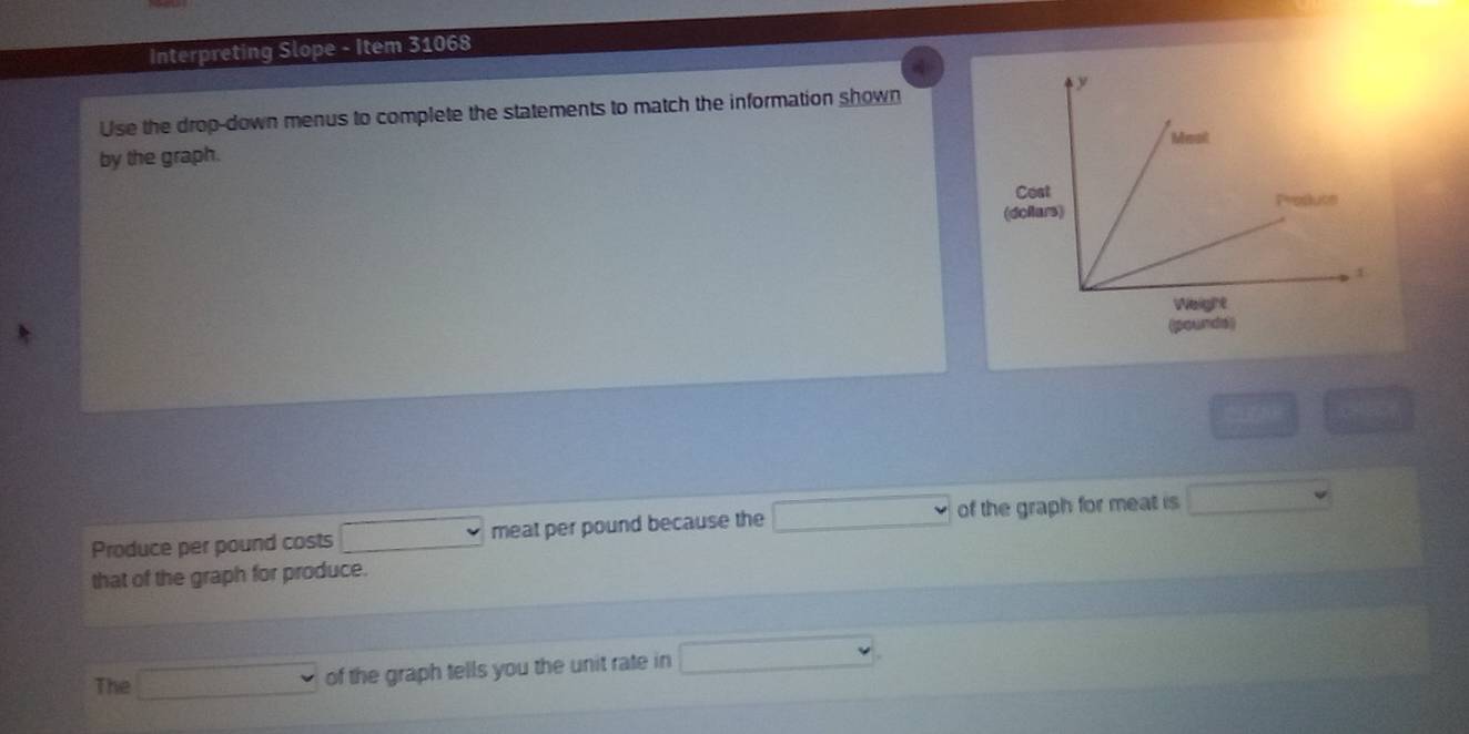 Interpreting Slope - Item 31068 
Use the drop-down menus to complete the statements to match the information shown 
by the graph. 
Produce per pound costs meat per pound because the of the graph for meat is 
that of the graph for produce. 
The □ of the graph tells you the unit rate in