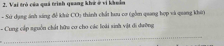 Vai trò của quá trình quang khử ở vi khuân 
- Sử dụng ánh sáng đề khử CO_2 thành chất hưu cơ (gồm quang hợp và quang khử) 
- Cung cấp nguồn chất hữu cơ cho các loài sinh vật di dưỡng 
_