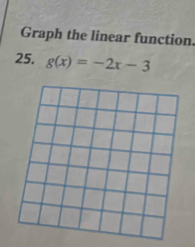 Graph the linear function. 
25. g(x)=-2x-3