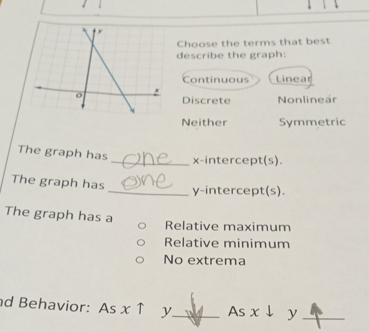 Choose the terms that best
describe the graph:
Continuous Linear
Discrete Nonlinear
Neither Symmetric
The graph has
_x-intercept(s).
The graph has
_y-intercept(s).
The graph has a
Relative maximum
Relative minimum
No extrema
d Behavior: As x ↑ y_ As x ↓ y_