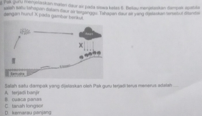 Pak guru menjelaskan materi daur air pada siswa kelas 6. Beliau menjelaskan dampak apabila
saiah satu tahapan dalam daur air terganggu. Tahapan daur air yang dijelaskan tersebut ditandai
dengan huruf X pada gambar berikut.
Salah satu dampak yang dijelaskan oleh Pak guru terjadi terus menerus adalah ....
A. terjadí banjir
B. cuaca panas
C. tanah longsor
D. kemarau panjang