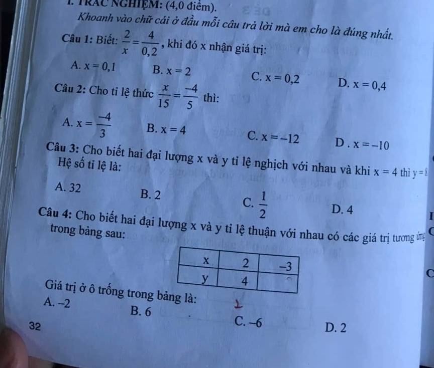 TRAC NGHIỆM: (4,0 điêm).
Khoanh vào chữ cái ở đầu mỗi câu trả lời mà em cho là đúng nhất.
Câu 1: Biết:  2/x = 4/0,2  , khi đó x nhận giá trị:
A. x=0,1 B. x=2
C. x=0,2 D. x=0,4
Câu 2: Cho tỉ lệ thức  x/15 = (-4)/5  thì:
A. x= (-4)/3  B. x=4 C. x=-12 D . x=-10
Câu 3: Cho biết hai đại lượng x và y tỉ lệ nghịch với nhau và khi x=4 thì y=8
Hệ số tỉ lệ là:
A. 32 B. 2 C.  1/2 
D. 4

Câu 4: Cho biết hai đại lượng x và y tỉ lệ thuận với nhau có các giá trị tương ứng (
trong bảng sau:
C
Giá trị ở ô trống trong bng là:
A. -2
B. 6 C. -6
32 D. 2
