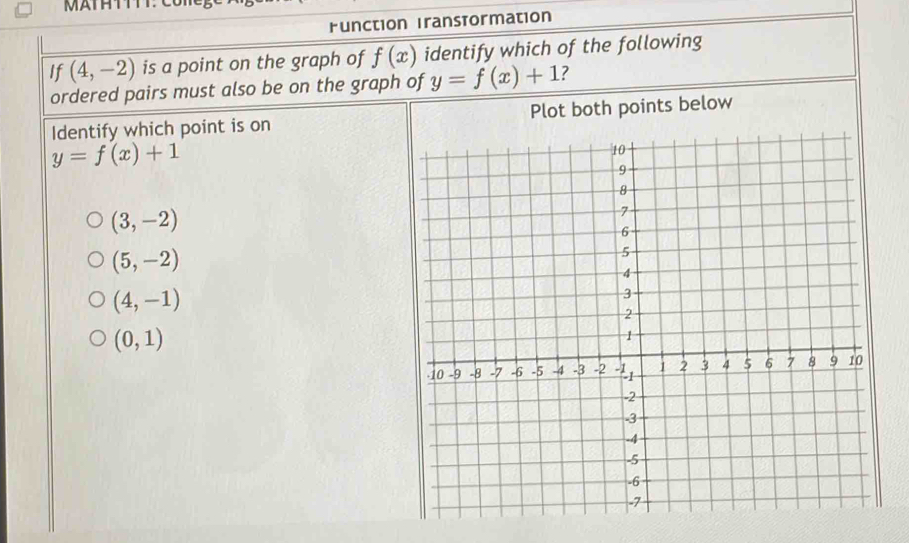 MATH TTTT: CóM
Function Iransformation
If (4,-2) is a point on the graph of f(x) identify which of the following
ordered pairs must also be on the graph of y=f(x)+1 ?
Identify which point is on Plot both points below
y=f(x)+1
(3,-2)
(5,-2)
(4,-1)
(0,1)