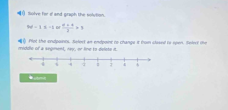 Solve for d and graph the solution.
9d-1≤ -1 or  (d+4)/2 >5
Plot the endpoints. Select an endpoint to change it from closed to open. Select the 
middle of a segment, ray, or line to delete it. 
ubmit