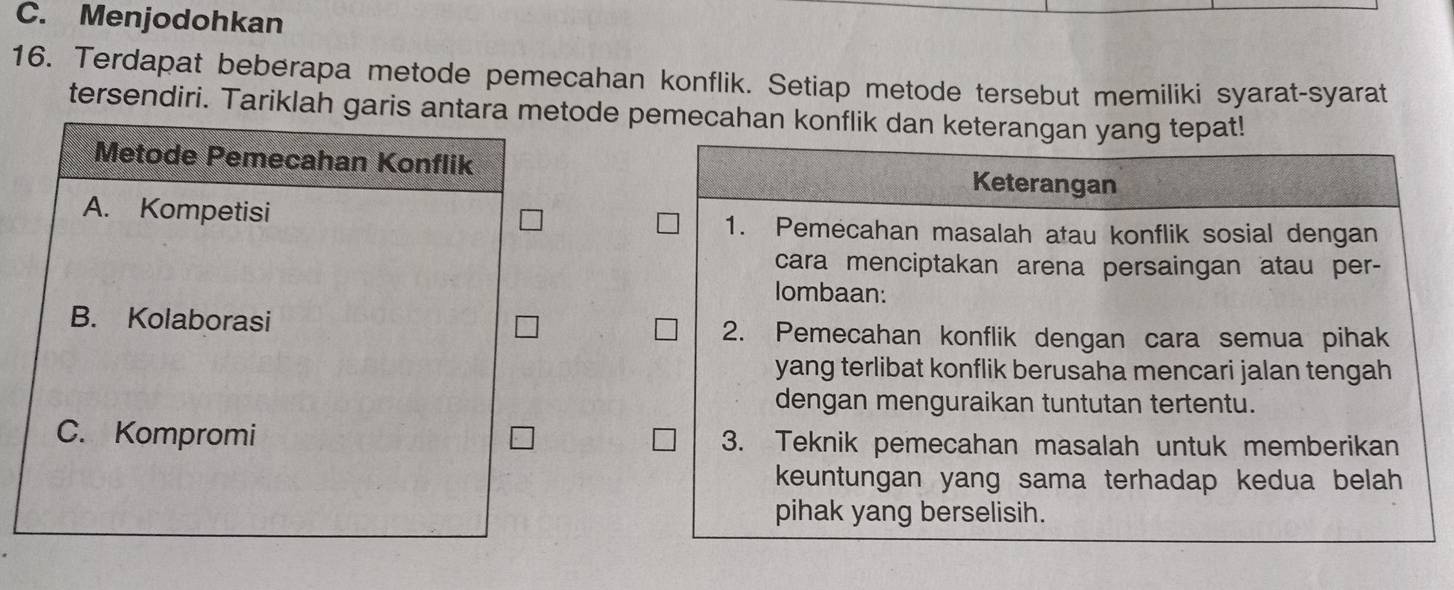 C. Menjodohkan
16. Terdapat beberapa metode pemecahan konflik. Setiap metode tersebut memiliki syarat-syarat
tersendiri. Tariklah garis antara metode pemecahan konflik dan keterangan yang tepat!
Metode Pemecahan Konflik Keterangan
A. Kompetisi
1. Pemecahan masalah atau konflik sosial dengan
cara menciptakan arena persaingan atau per-
Iombaan:
B. Kolaborasi 2. Pemecahan konflik dengan cara semua pihak
yang terlibat konflik berusaha mencari jalan tengah
dengan menguraikan tuntutan tertentu.
C. Kompromi 3. Teknik pemecahan masalah untuk memberikan
keuntungan yang sama terhadap kedua belah 
pihak yang berselisih.