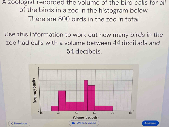 A zoologist recorded the volume of the bird calls for all 
of the birds in a zoo in the histogram below. 
There are 800 birds in the zoo in total. 
Use this information to work out how many birds in the 
zoo had calls with a volume between 44 decibels and
54 decibels. 
Previous Watch video Answer