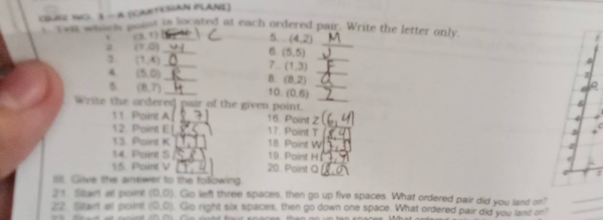 sumlimits -!= UNK>? * (CaRtESAN PLANE) 
Tw which poist is located at each ordered pair. Write the letter only. 
_ 
8 (2,1)
5. (4,2)
_
(0,0)
6. (5,5)
3 (1,4) _7.. (1,3) __ 
_ (5,0)
B. (8,2)
5 (8,7) _ 
Q 
10. (0,6)
_ 
write the ordered pair of the given point._ 
11 Point A _16. Point 4
_ 
12. Point E! _17. Point T _ 
3 
13 Point K _18. Point W
14. Point S _19. Point M
_ 
5 
15. Point V _20. Point 
_ 
B Give the answer to the following. 
_ 
2 1. Shart at point (0,0). Go left three spaces, then go up five spaces. What ordered pair did you land on? 
22 Start at point (0,0) Go right six spaces, then go down one space. What ordered pair did you land on"
(7)(7)