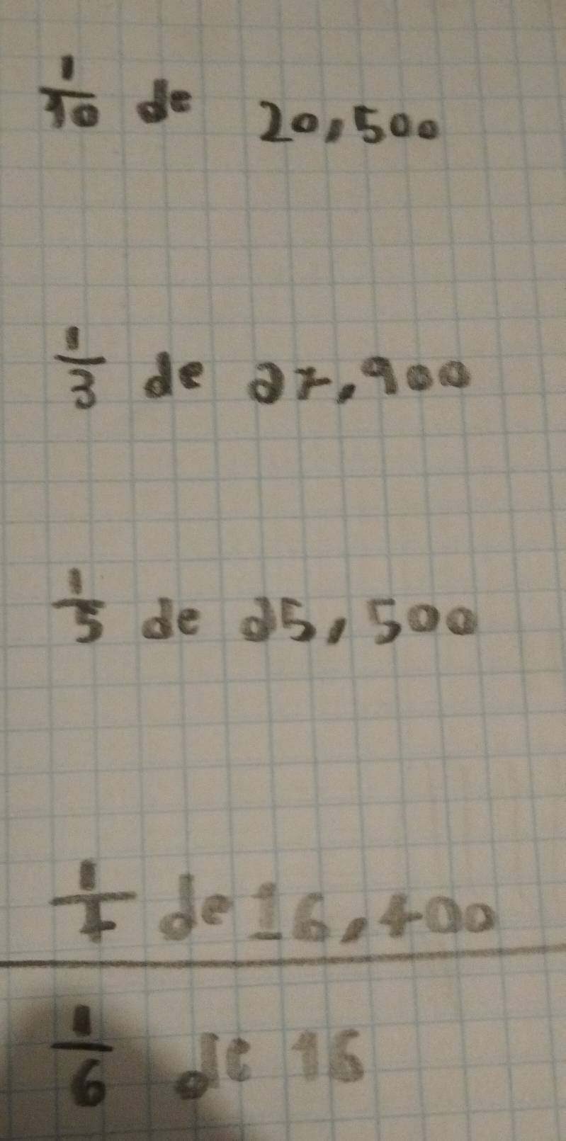  1/10  de 20, 500
 1/3  de Or, 900
 1/5  de ¢5, 5o0
frac  1/4 de16,600 1/6 de16