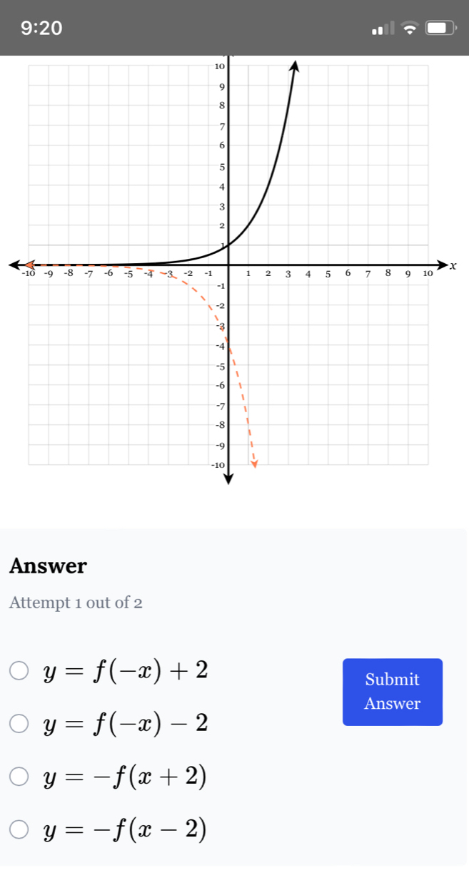 9:20 
1x
Answer
Attempt 1 out of 2
y=f(-x)+2
Submit
Answer
y=f(-x)-2
y=-f(x+2)
y=-f(x-2)