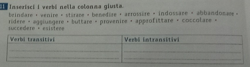 Inserisci i verbí nella colonna giusta. 
brindare · venire · stirare · benedire · arrossire · indossare · abbandonare . 
ridere · aggiungere • buttare · provenire ( approfittare ( coccolare « 
succedere · esistere