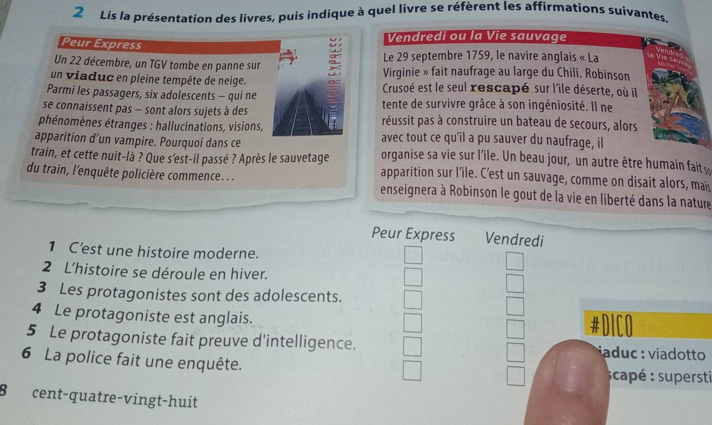 Lis la présentation des livres, puis indique à quel livre se réfèrent les affirmations suivantes. 
Vendredi ou la Vie sauvage 
Peur Express 
Le 29 septembre 1759, le navire anglais « La 
Un 22 décembre, un TGV tombe en panne sur 
Virginie » fait naufrage au large du Chili. Robinson 
un viaduc en pleine tempête de neige. Crusoé est le seul rescapé sur l'île déserte, où il 
Parmi les passagers, six adolescents - qui ne 
se connaissent pas - sont alors sujets à des 
tente de survivre grâce à son ingéniosité. Il ne 
phénomènes étranges : hallucinations, visions, 
réussit pas à construire un bateau de secours, alors 
avec tout ce qu’il a pu sauver du naufrage, il 
apparition d’un vampire. Pourquoi dans ce organise sa vie sur l'île. Un beau jour, un autre être humain fait so 
train, et cette nuit-là ? Que s'est-il passé ? Après le sauvetage apparition sur l’ile. C’est un sauvage, comme on disait alors, mais 
du train, l'enquête policière commence... enseignera à Robinson le gout de la vie en liberté dans la nature 
Peur Express Vendredi 
1 C'est une histoire moderne. 
2 L'histoire se déroule en hiver. 
3 Les protagonistes sont des adolescents. 
4 Le protagoniste est anglais. #DICO 
5 Le protagoniste fait preuve d'intelligence. iaduc :viadotto 
6 La police fait une enquête. scapé : supersti 
8 cent-quatre-vingt-huit