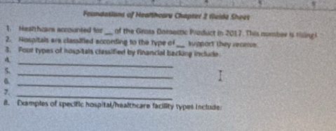 Foundations of Healthoura Chapter 2 Guide Sheet 
1. Nealthcars accounted for _of the Grass Domemc Praduct in 2017. This number is filingl 
2. Nospitals are classified according to the type of_ support they recee. 
3. Four types of nospitals classified by financial backing include 
A. 
5. 
_ 
6 
_ 
7. 
_ 
_ 
8. Examples of specific hospital/healthcare facility types include