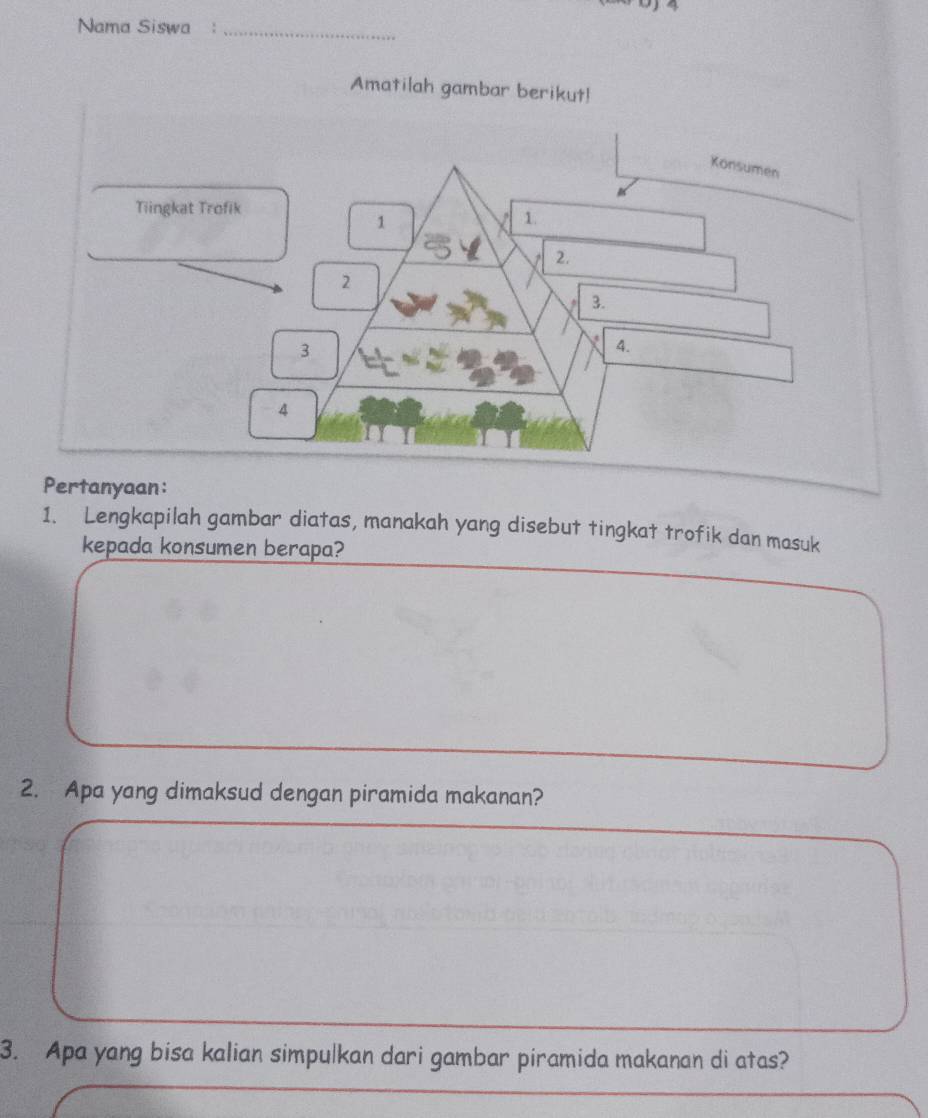 Nama Siswa :_ 
Amatilah gambar berikut! 
Pertanyaan: 
1. Lengkapilah gambar diatas, manakah yang disebut tingkat trofik dan masuk 
kepada konsumen berapa? 
2. Apa yang dimaksud dengan piramida makanan? 
3. Apa yang bisa kalian simpulkan dari gambar piramida makanan di atas?