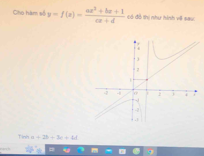 Cho hàm số y=f(x)= (ax^2+bx+1)/cx+d  có đồ thị như hình vẽ sau:
Tinh a+2b+3c+4d. 
earch