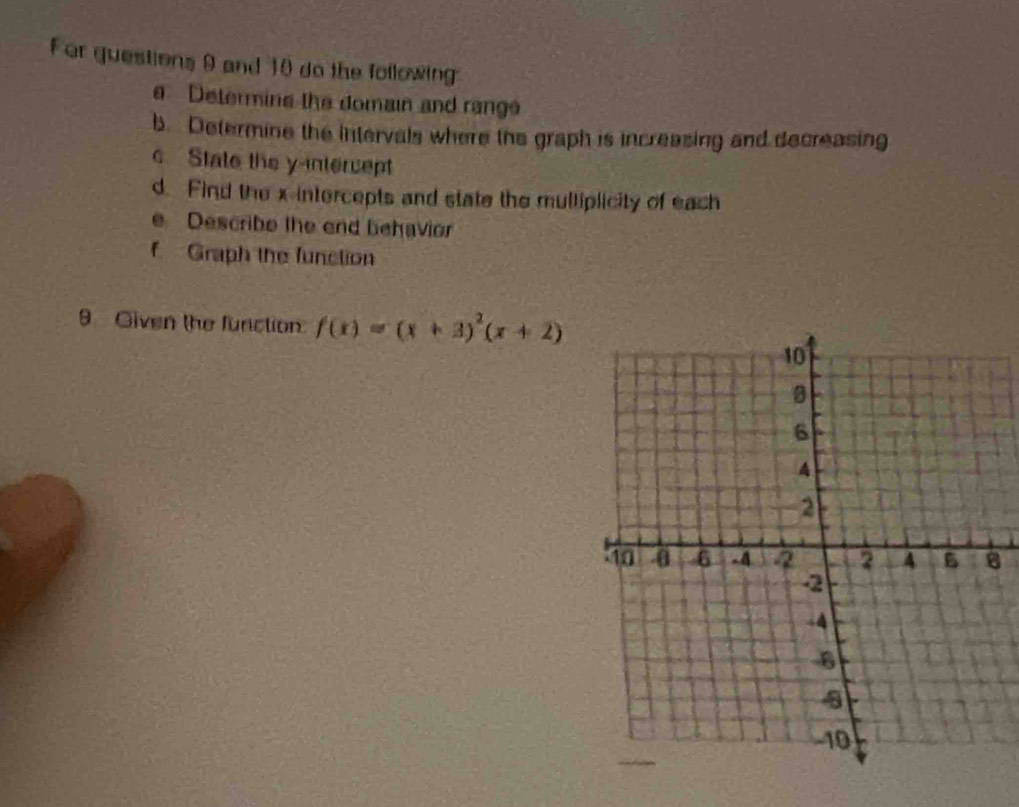 For guestions 9 and 10 do the following 
e Determine the domain and rang 
b. Determine the intervals where the graph is increasing and decreasing 
State the y-intercept 
d. Find the x-intercepts and state the mulliplicity of each 
Describe the end behavior 
f Graph the function 
9 Given the function f(x)=(x+3)^2(x+2)
8