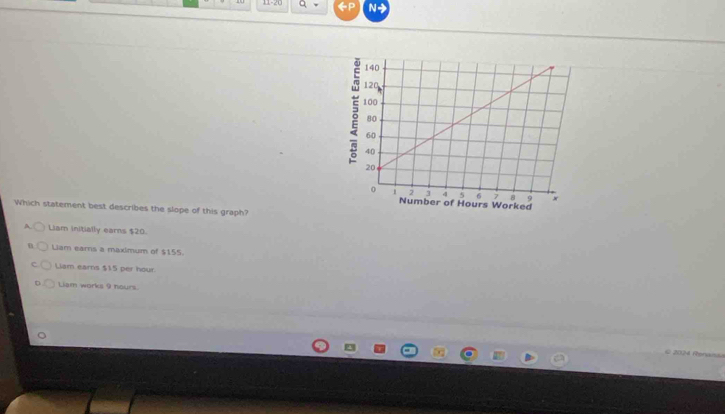 11-20 a、 - N
Worked
Which statement best describes the slope of this graph?
A. Liam initially earns $20.
B Liam earns a maximum of $155.
c Liam earns $15 per hour
D Liam works 9 nours.
C 2024 Renanla