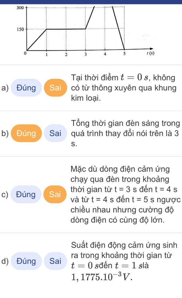 Tại thời điểm t=0s , không
a) Đúng Sai có từ thông xuyên qua khung
kim loại.
Tổng thời gian đèn sáng trong
b)( Đúng Sai quá trình thay đổi nói trên là 3
S.
Mặc dù dòng điện cảm ứng
chạy qua đèn trong khoảng
thời gian từ t=3s đến t=4s
c) Đúng Sai và từ t=4s đến t=5s ngược
chiều nhau nhưng cường độ
dòng điện có cùng độ lớn.
Suất điện động cảm ứng sinh
ra trong khoảng thời gian từ
d) Đúng Sai t=0 sđến t=1 slà
1,1775.10^(-3)V.