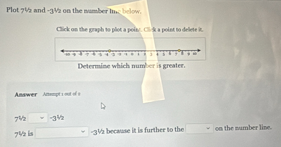 Plot 7½ and -3½ on the number Ime below. 
Click on the graph to plot a point. Click a point to delete it. 
Determine which number is greater. 
Answer Attempt 1 out of 2
7^(1/2)□ -3^(1/2)
7^(1/2) is □ -3½ because it is further to the □ on the number line.