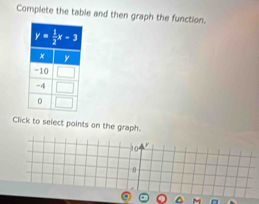 Complete the table and then graph the function.
Click to select points on the graph.
10 y
8