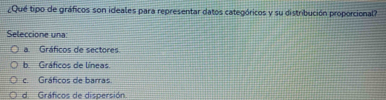 ¿Qué tipo de gráficos son ideales para representar datos categóricos y su distribución proporcional?
Seleccione una:
a. Gráficos de sectores.
b. Gráficos de líneas
c. Gráficos de barras.
d. Gráficos de dispersión.