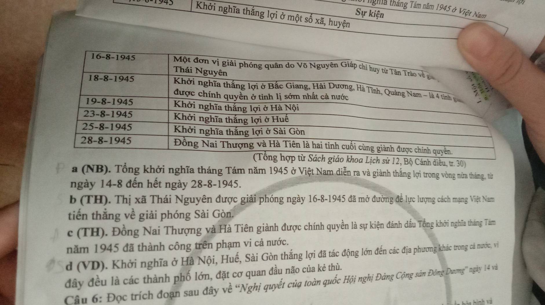 ngha tháng Tám năm 1945 ở Việt Nam
Sự kiện
1943 Khởi nghĩa thắng lợi ở một số xã, huyện
h diều, tr. 30)
a (NB). Tổng khởi nghĩa tháng Tám năm 1945 ở Việt Nam diễn ra và giành thắng lợi trong vòng nửa tháng, từ
ngày 14-8 đến hết ngày 28-8-1945.
b (TH). Thị xã Thái Nguyên được giải phóng ngày 16-8-1945 đã mở đường đề lực lượng cách mạng Việt Nam
tiến thắng về giải phóng Sài Gòn.
c (TH). Đồng Nai Thượng và Hà Tiên giành được chính quyền là sự kiện đánh dấu Tổng khởi nghĩa tháng Tám
năm 1945 đã thành công trên phạm vi cả nước.
d (VD). Khởi nghĩa ở Hà Nội, Huế, Sài Gòn thắng lợi đã tác động lớn đến các địa phương khác trong cả nước, vì
đây đều là các thành phố lớn, đặt cơ quan đầu não của kẻ thù.
Câu 6: Đọc trích đoạn sau đây về “Nghị quyết của toàn quốc Hội nghị Đảng Cộng sản Đông Dương” ngày 14 vàn
a  h a hình và