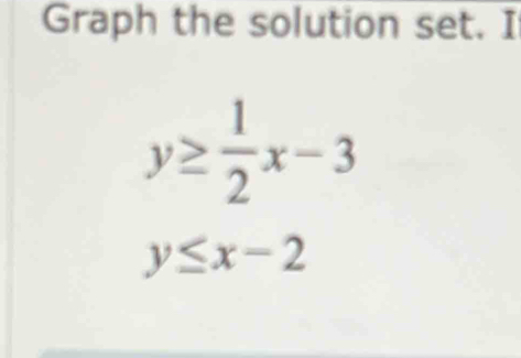 Graph the solution set. I
y≥  1/2 x-3
y≤ x-2