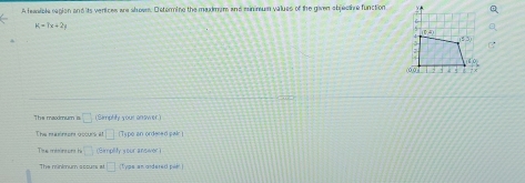 A healible region and its venices are shoves. Determine the maxmam and mininum values of the given objectire function
K=7x+2y
The maximum s □ (Simphly your answer.) 
The masinont occurs t □ (Tspe an ordered pair ) 
Tiue meonnent hs □ m∠ ORI y your answer ) 
The minkmum acours at □ Type an ardered pir