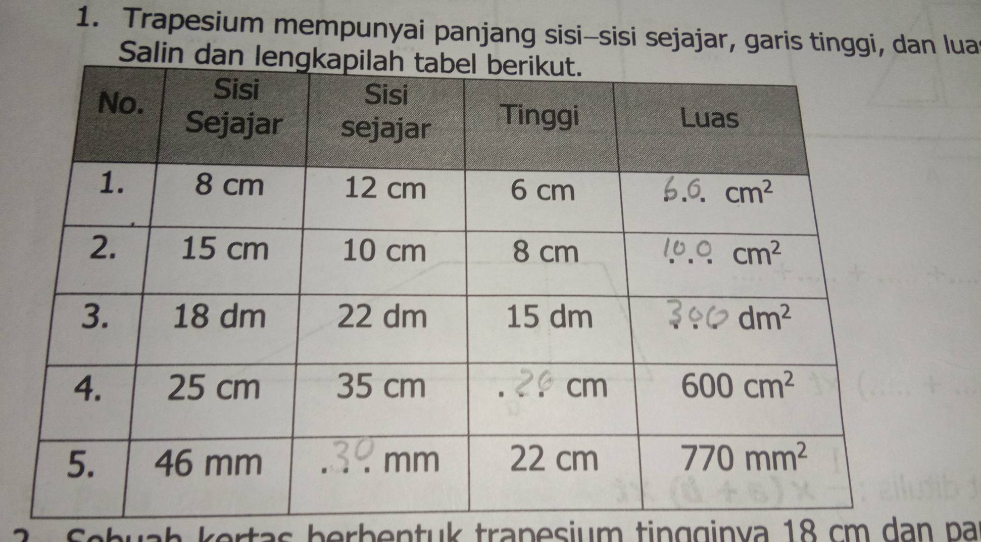 Trapesium mempunyai panjang sisi-sisi sejajar, garis tinggi, dan lua
Salin 
ah k ertas berbentuk trapesium tingginva 18 cm dan pa