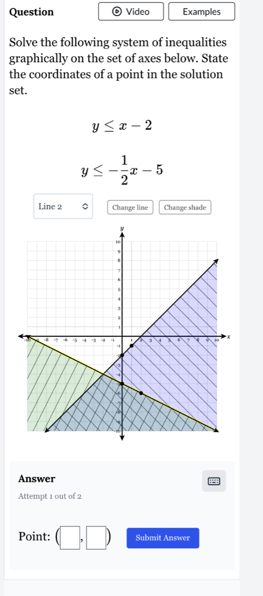 Question Video Examples 
Solve the following system of inequalities 
graphically on the set of axes below. State 
the coordinates of a point in the solution 
set.
y≤ x-2
y≤ - 1/2 x-5
Line 2 Change line Change shade 
Answer 
a 
Attempt 1 out of 2 
Point: (□ ,□ ) Submit Answer