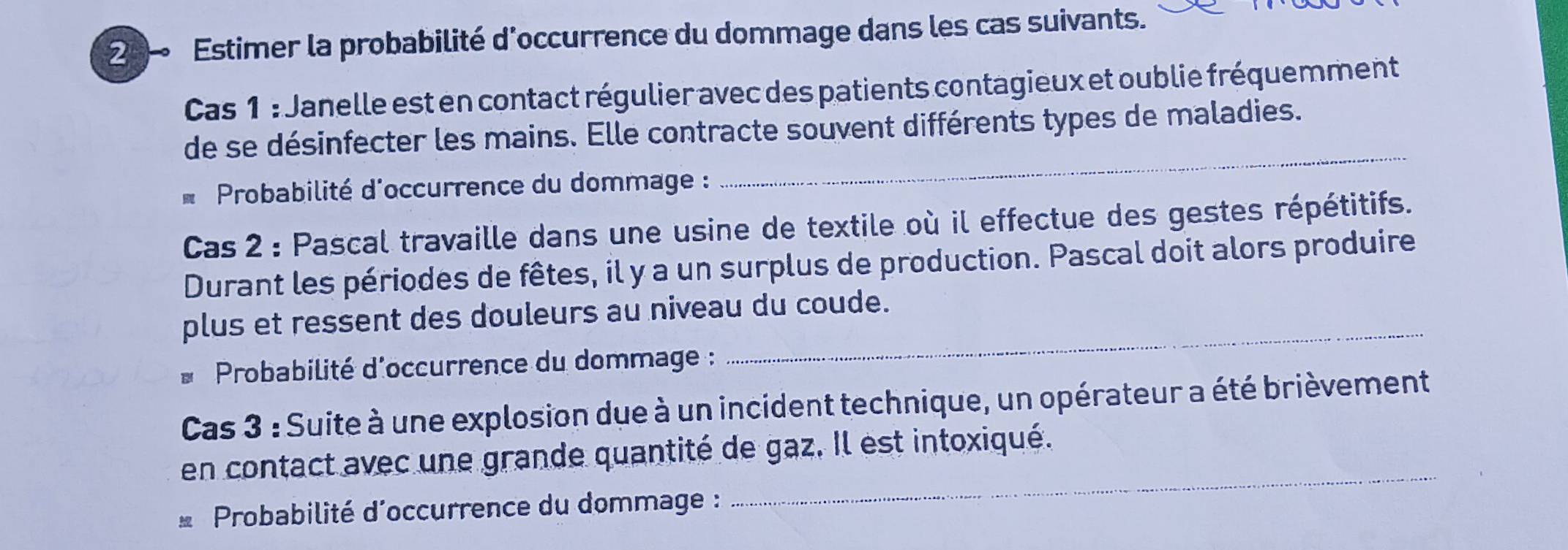 Estimer la probabilité d'occurrence du dommage dans les cas suivants. 
Cas 1: Janelle est en contact régulier avec des patients contagieux et oublie fréquemment 
de se désinfecter les mains. Elle contracte souvent différents types de maladies. 
* Probabilité d'occurrence du dommage : 
_ 
Cas 2 : Pascal travaille dans une usine de textile où il effectue des gestes répétitifs. 
Durant les périodes de fêtes, il y a un surplus de production. Pascal doit alors produire 
_ 
plus et ressent des douleurs au niveau du coude. 
* Probabilité d'occurrence du dommage : 
Cas 3 : Suite à une explosion due à un incident technique, un opérateur a été brièvement 
en contact avec une grande quantité de gaz. Il est intoxiqué. 
* Probabilité d'occurrence du dommage : 
_