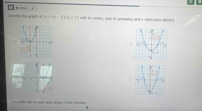 ◢》 Listen
Identify the graph of y=(x-2)(x+2) with its vertex, axis of symmetry and x -intercepts labeled.
 
Describe the domain and range of the function.