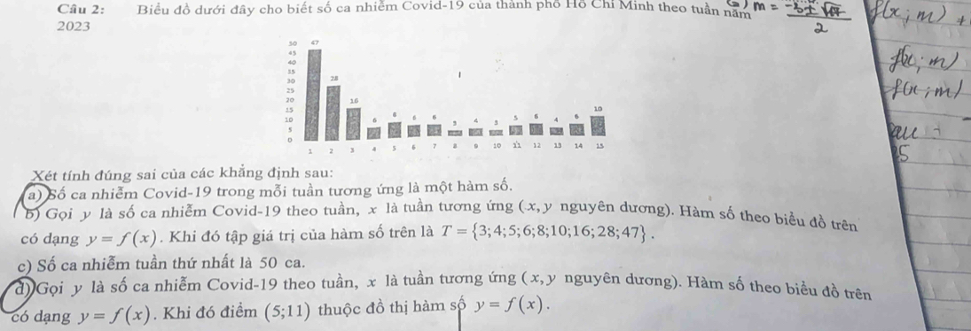 Cầu 2: Biểu đồ dưới đây cho biết số ca nhiễm Covid-19 của thành phố Hỗ Chỉ Minh theo tuần năm odot 
2023 
Xét tính đúng sai của các khẳng định sau: 
a) Số ca nhiễm Covid-19 trong mỗi tuần tương ứng là một hàm số. 
b) Gọi y là số ca nhiễm Covid-19 theo tuần, x là tuần tương ứng (x, y nguyên dương). Hàm số theo biểu đồ trên 
có dạng y=f(x). Khi đó tập giá trị của hàm số trên là T= 3;4;5;6;8;10;16;28;47. 
c) Số ca nhiễm tuần thứ nhất là 50 ca. 
d) Gọi y là số ca nhiễm Covid-19 theo tuần, x là tuần tương ứng (x, y nguyên dương). Hàm số theo biểu đồ trên 
có dạng y=f(x). Khi đó điểm (5;11) thuộc đồ thị hàm số y=f(x).