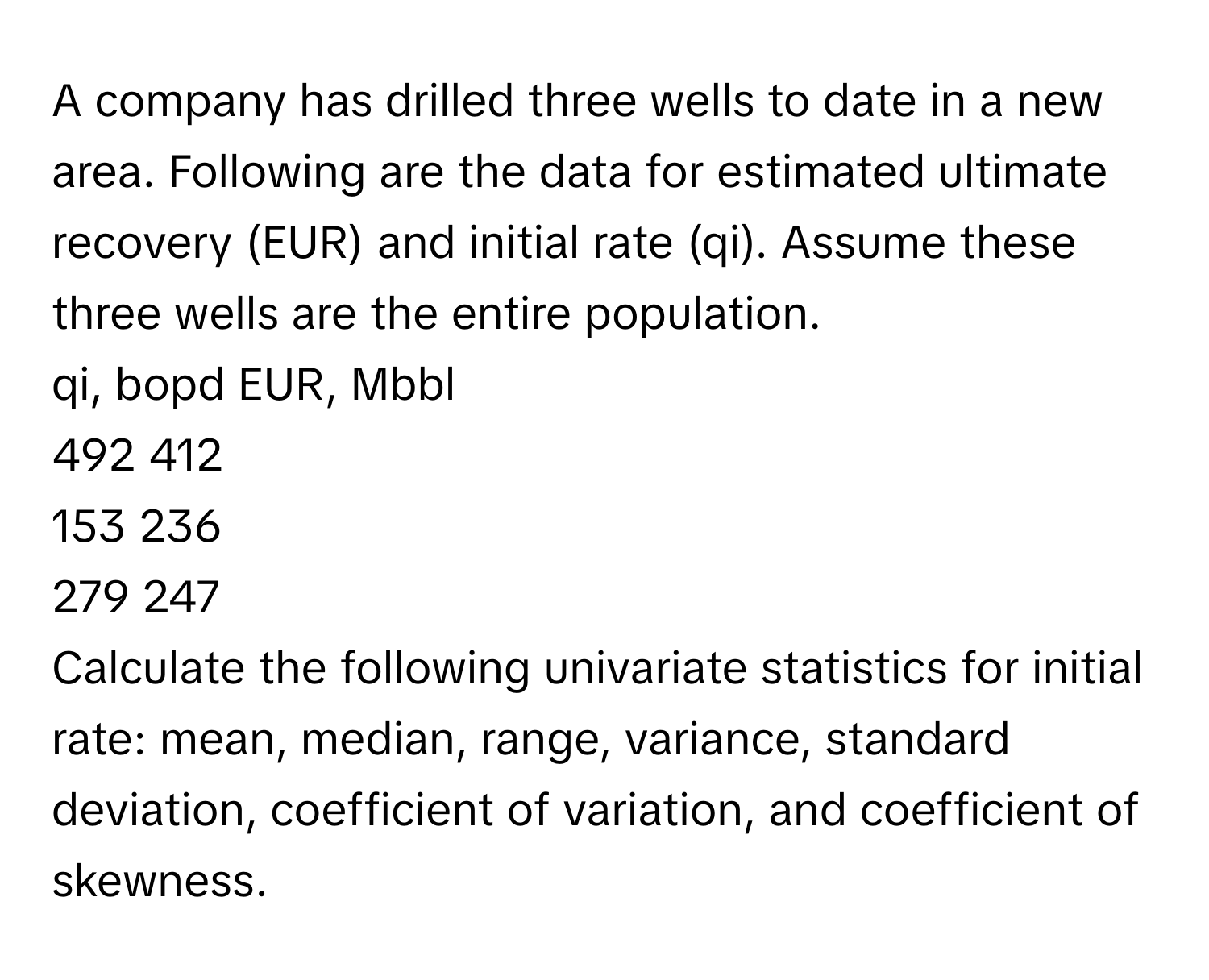 A company has drilled three wells to date in a new area. Following are the data for estimated ultimate recovery (EUR) and initial rate (qi). Assume these three wells are the entire population. 

qi, bopd EUR, Mbbl
492 412
153 236
279 247

Calculate the following univariate statistics for initial rate: mean, median, range, variance, standard deviation, coefficient of variation, and coefficient of skewness.