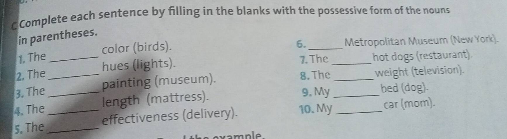 CComplete each sentence by filling in the blanks with the possessive form of the nouns 
in parentheses. 
6. 
color (birds). _Metropolitan Museum (New York). 
1. The _7. The _hot dogs (restaurant). 
hues (lights). 
2. The 8.The 
3. The __painting (museum). __weight (television). 
4. The _length (mattress). 
9. My bed (dog). 
effectiveness (delivery). 
10. My _car (mom). 
5. The_ 
ample.