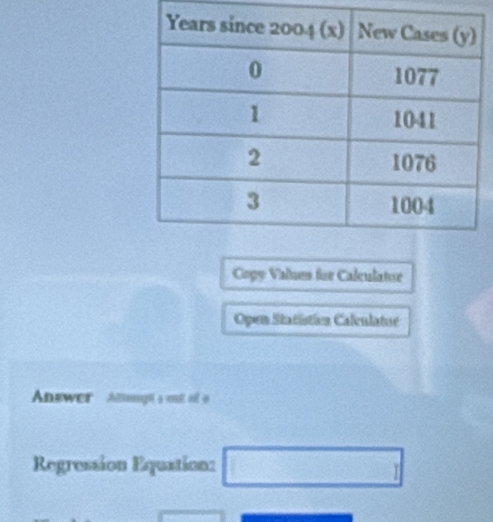 Copy Values for Caleulatue 
Open Statistica Calculator 
Answer Attmpta wut ofl o 
Regression Equation: □ □ )