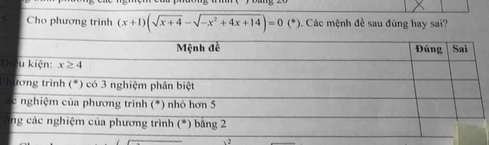 Cho phương trình (x+1)(sqrt(x+4)-sqrt(-x^2+4x+14))=0 (*). Các mệnh đề sau đúng hay sai?
Đ
P
C
 
2