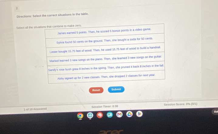 Directions: Select the correct situations in the table. 
Select all the sit 
Reset Submit 
1 of 10 Answered Session Timer: 0:38 Session Score: 0% (0/1) 
Oc