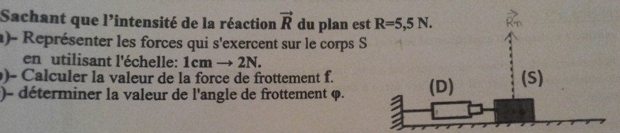 Sachant que 1 Pintensité de la réaction vector R du plan es
a)- Représenter les forces qui s'exercent sur le corps S
en utilisant l'échelle: 1cmto 2N.
)- Calculer la valeur de la force de frottement f.
)- déterminer la valeur de l'angle de frottement φ.