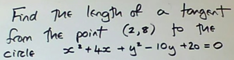 Find The length of a fangent 
from the point (2,8) to the 
circle x^2+4x+y^2-10y+20=0