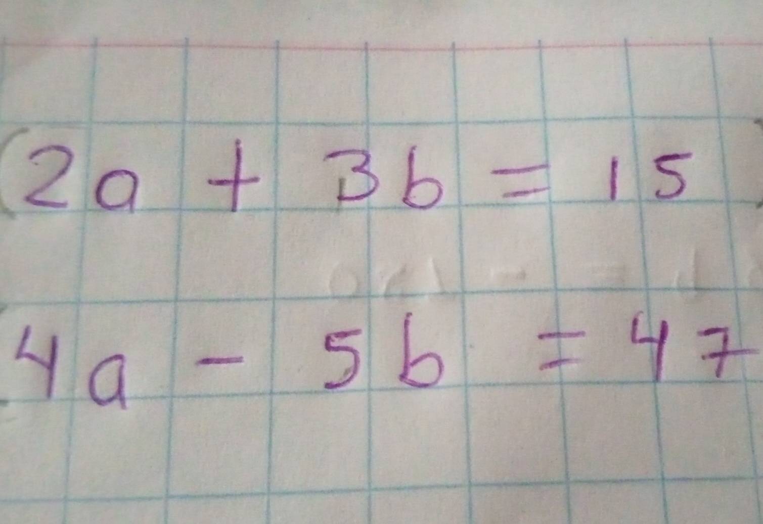 2a+3b=15
4a-5b=47