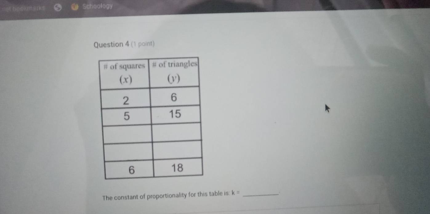 et bookmarks Schoology
Question 4 (1 point)
The constant of proportionality for this table is k= _
.