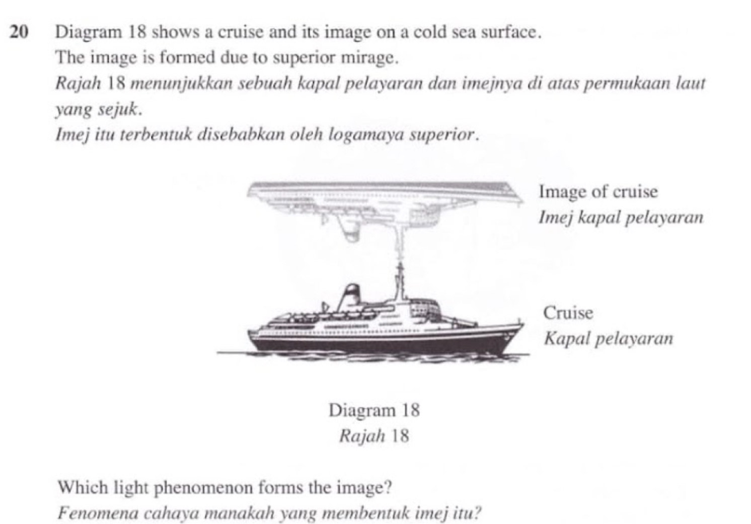 Diagram 18 shows a cruise and its image on a cold sea surface. 
The image is formed due to superior mirage. 
Rajah 18 menunjukkan sebuah kapal pelayaran dan imejnya di atas permukaan laut 
yang sejuk. 
Imej itu terbentuk disebabkan oleh logamaya superior. 
Which light phenomenon forms the image? 
Fenomena cahaya manakah yang membentuk imej itu?