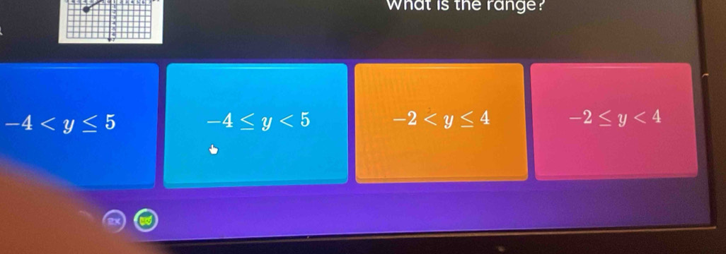 what is the range?
-4
-4≤ y<5</tex>
-2
-2≤ y<4</tex>